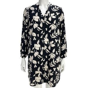 a new day Button Up Shirt Dress XXL Black Beige Floral Long Sleeve Loose Fit